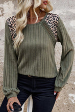 Load image into Gallery viewer, Moss Green Leopard Print Crochet Patchwork Rib Textured Knit Top
