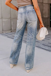 Blue High Waist Distressed Straight Leg Washed Jeans