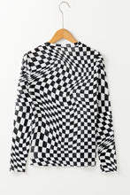 Load image into Gallery viewer, Online Khaki Checkered Pattern Mesh Mock Neck Long Sleeve Top
