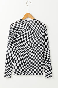 Online Khaki Checkered Pattern Mesh Mock Neck Long Sleeve Top