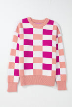 Load image into Gallery viewer, Online Pink Checkered Ribbed Edge O Neck Drop Shoulder Sweater
