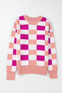 Online Pink Checkered Ribbed Edge O Neck Drop Shoulder Sweater