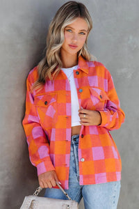 Online Orange Plaid Chest Pockets Button-up Turn Down Collar Jacket