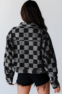 Online Black Checkered Patchwork Button up Denim Jacket