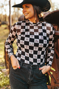 Online Black Checkerboard Western Elements Printed Mesh Long Sleeve Top