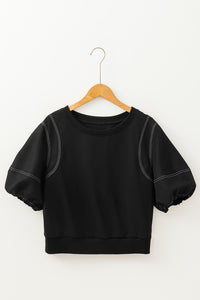 Online Black Contrast Stitches Detail Puffy Half Sleeve Blouse