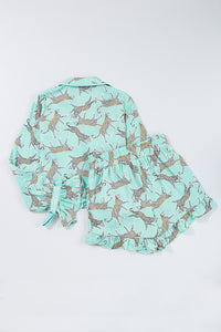 Online Green Leopard Satin Ruffle Pajama Short Set