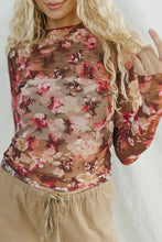 Load image into Gallery viewer, Red Floral Print Sheer Mesh Long Sleeve Top
