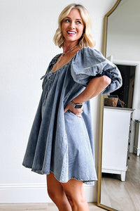 Online Myosotis Bubble Sleeve Square Neck Denim Babydoll Dress