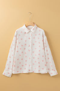 White Love Heart Print Drop Shoulder Puff Sleeve Shirt