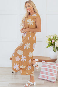 Online Khaki Floral Print Sleeveless Button up Wide Leg Loose Jumpsuit