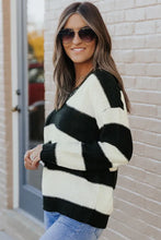 Load image into Gallery viewer, Black Striped Lace Splicing V Neck Knit Sweater
