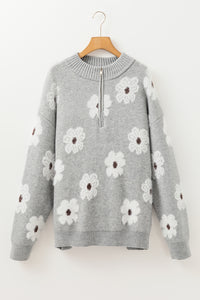 Online Gray Plus Size Embroidered Floral Pattern Half Zip Sweater