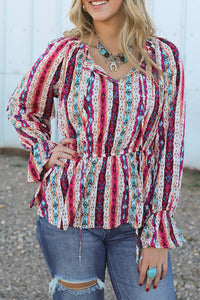 Online Multicolour Western Aztec Split Neck Peplum Blouse
