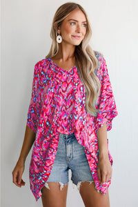 Online Pink Abstract Print V Neck Half Sleeve Loose Fit Tunic Blouse