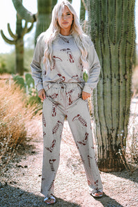 Online Gray Cowgirl Boots Printed Long Sleeve Top Pants Lounge Set