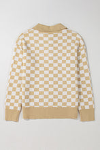 Load image into Gallery viewer, Online Apricot Checkered Buttons Collar V Neck Drop Shoulder Sweater
