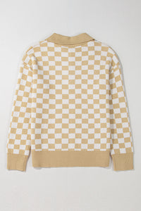 Online Apricot Checkered Buttons Collar V Neck Drop Shoulder Sweater