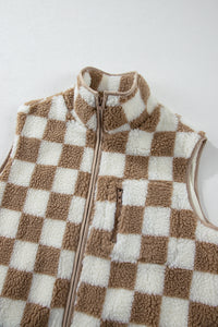 Online Black Checkered Sherpa Collared Jacket Vest