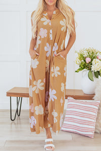 Online Khaki Floral Print Sleeveless Button up Wide Leg Loose Jumpsuit