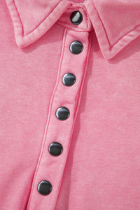 Pink Solid Snap Buttons Collared Balloon Sleeve Oversized Sweatshirt