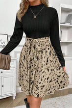 Load image into Gallery viewer, Online Black Ribbed Knit Patchwork Printed Belted A-line Dress
