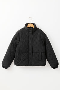 Online Black Checkerboard Full Zipper Puffer Jacket