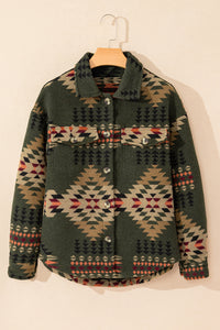 Online Green Aztec Print Flap Pockets Long Sleeve Shacket