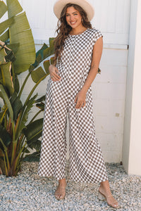 Online Khaki Checkered Print Buttoned Crew Neck Wide Leg Jumpsuit