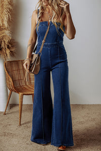 Online Sail Blue Seamed Zipper Spaghetti Strap High Waist Flared Jumpsuit