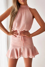 Load image into Gallery viewer, Pink Polka Dot Print Smocked Drawstring Sleeveless Mini Dress
