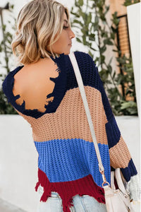 Blue Colorblock Distressed Sweater