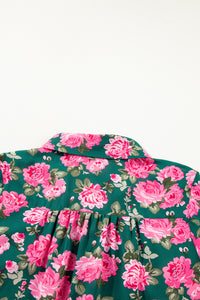 Online Green Floral Printed Tied Collar Puff Sleeve Blouse