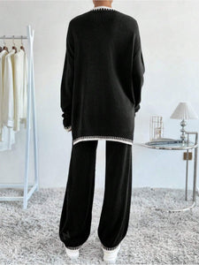 Online Side Slit Contrast Trim Round Neck Top and Pants Sweater Set