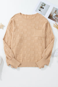 Online Light French Beige Solid Checkered Textured Knit Plus Size Sweater