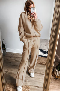 Online Black Solid Seamed Zipper Jacket and Drawstring Waist Pants Set