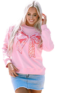 Online Pink Leopard Bowknot Printed Crewneck Pullover Sweatshirt