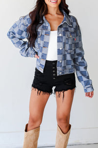 Online Black Checkered Patchwork Button up Denim Jacket