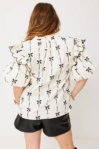 Online Apricot Bow Printed Ruffled Bubble Sleeve Lace-up Notched Neck Plus Size Blouse