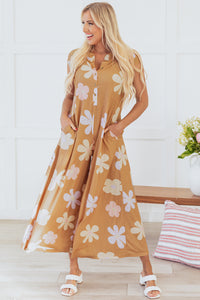 Online Khaki Floral Print Sleeveless Button up Wide Leg Loose Jumpsuit