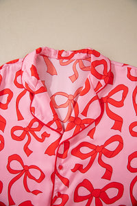 Online Pink 2pcs Bow Print Shirt Style Long Sleeve Pajama Set