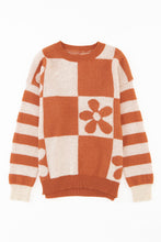 Load image into Gallery viewer, Online Orchid Petal Checkered Floral Print Striped Sleeve Sweater
