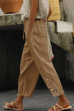 Load image into Gallery viewer, Khaki Lace Splicing Drawstring Casual Cotton Pants
