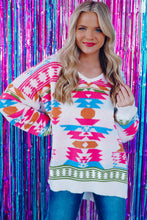 Load image into Gallery viewer, Online White Oversize Aztec Print High Low V Neck Sweater
