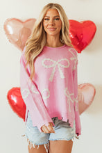 Load image into Gallery viewer, Online Pearl Beaded Bowknot Pattern Distressed Split Hem Sweater
