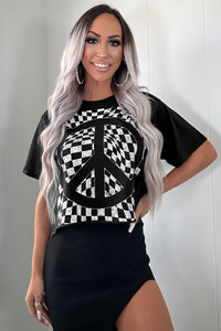 Online Black Checkerboard Peace Sign Printed Round Neck T Shirt