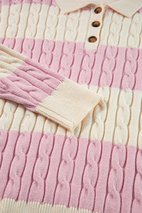 Online Pink Stripe Cable Knit Collared Henley Sweater