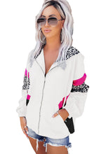 Load image into Gallery viewer, Online White Leopard Color Block Pockets Zip-up Hooded Jacket
