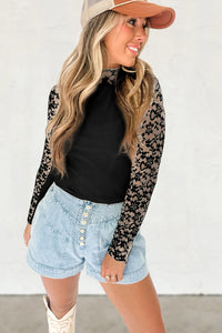 Online Black Floral Lace Patchwork Long Sleeve High Neck Slim Top