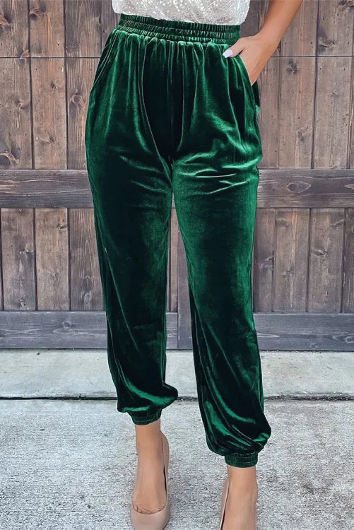 Green Solid Velvet Jogger Pants